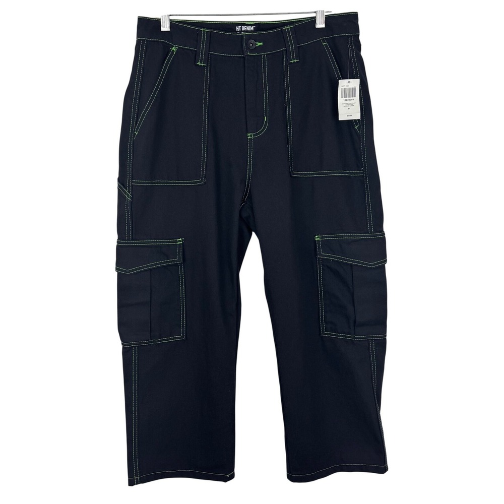 HT Denim Black Neon‎ Green High Rise Carpenter Pants Goth Skater Alt Fashion